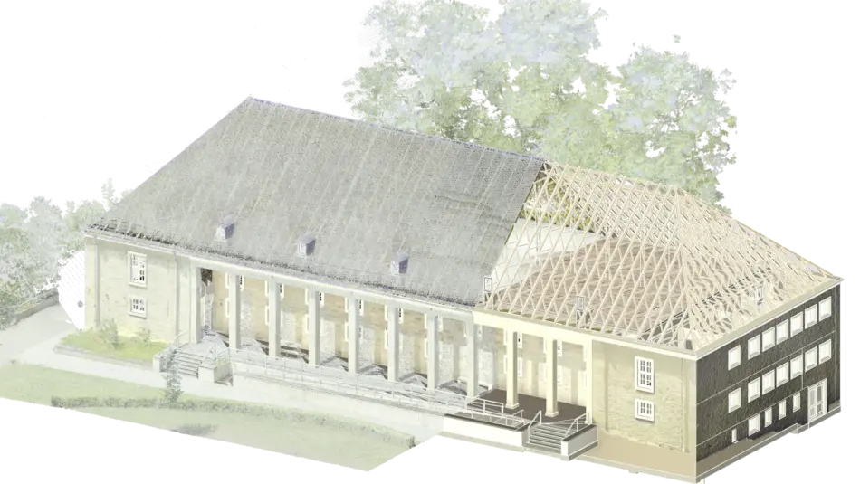 Aus der 3D-Punktwolke generierte BIM- Modell der Turnhalle am Campus Schneidershof (rechte Seite) teilweise überlagert mit der Punktwolke (linke Seite).