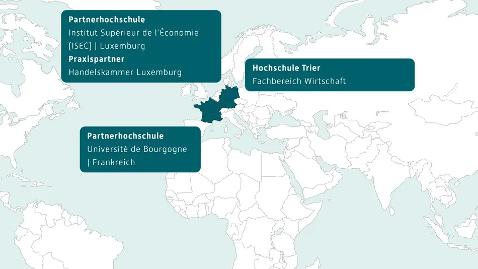 Weltkarte mit Partnerländern und -hochschulen